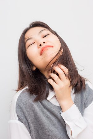 Beautiful smiling asian cute women post on white background, Wellness womenの写真素材