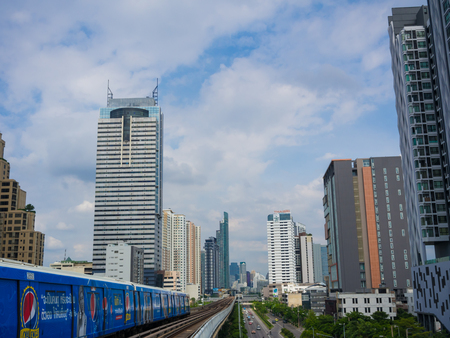 Modern city building with railway of train in  Bangkok Thailnd