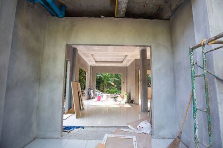 Modern house interior building cement room with door and windoor block, Resident conceptの写真素材