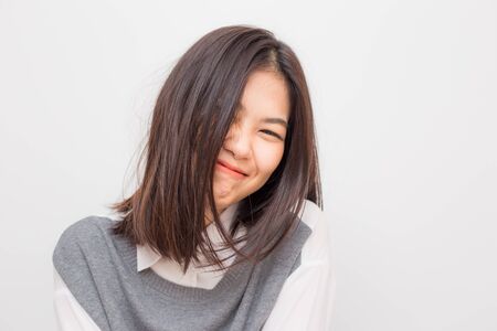 Healthy long hair and skin care concept women smiling on white backgroundの写真素材