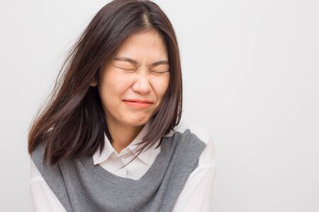 Healthy long hair and skin care concept women smiling on white backgroundの写真素材