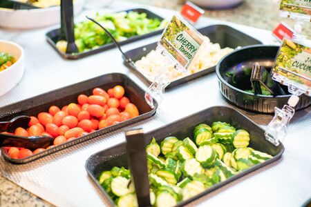 Various vegetable and fruit salad in salad bar shop, Healthy food