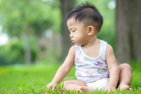 Adorable little boy sitting in green park field playing on meadowの写真素材