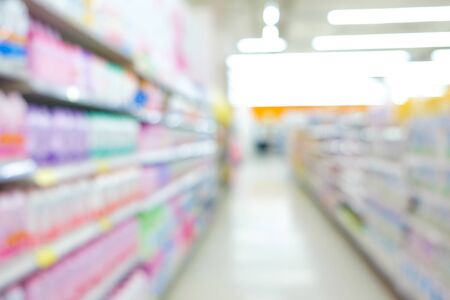 Abstract blurred bokeh shelf supermarket modern trade, Business backgroundの写真素材
