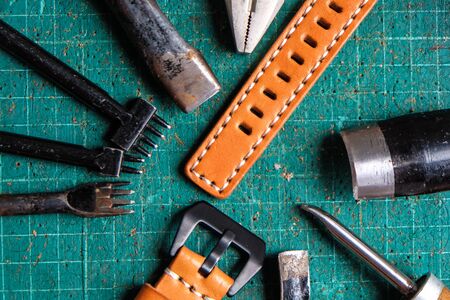 Handmade leather watch strap with tool, Crafts working
