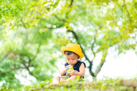Kid boy with yellow hat travel in green city park toddler boy in nature