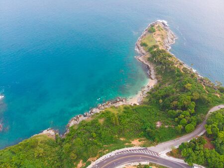 Aerial view sea island beach with green tree Phuket Thailandの写真素材