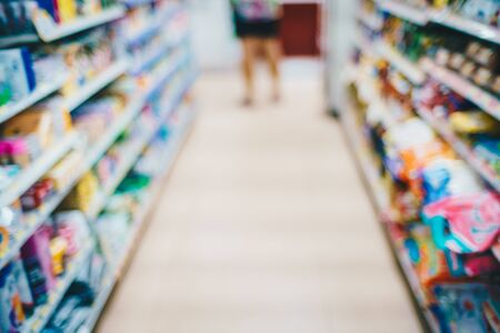 Abstract blurred row of goods on shelf in supermarket, Business background