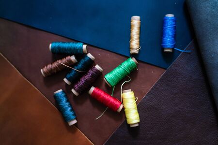 colorful linin thread on geuine leather craftmanship working, Handmade creativeの写真素材
