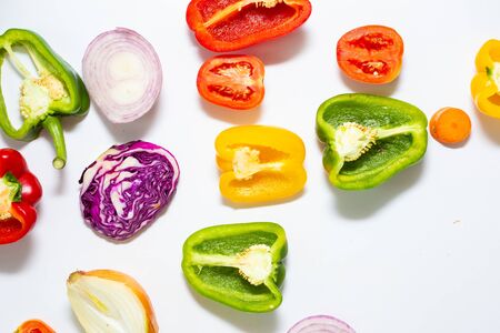 Set of slice mix colorful vegetable on white background, Healthy food flat layの写真素材