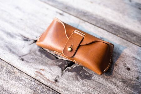 Brown genuine leather glasses case handmade working on wood, Leather goggle bag