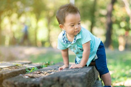 Adorable smart baby boy playing in city green park, Asian boy