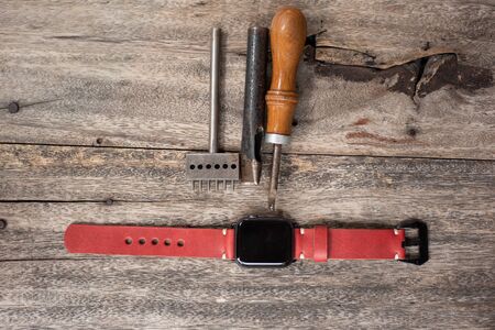 Leather watch satrp handmade with tool craftmanship working