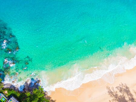 Sea wave white sand beach summer vacation serenity background aerial viewの写真素材