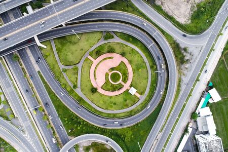 City junction traffic road green nature grass aerial view transportの写真素材