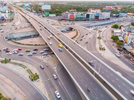 City transport junction roundabout road sunset aerial viewのeditorial素材