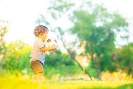 Adorable little toddler boy playing football on green grass field first playing in park sunsetの写真素材