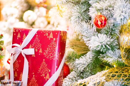 Gift box on christmas pine tree decoration object winter festival