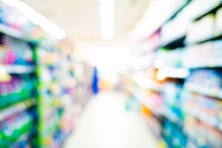Abstract blurred supermarket food and drink on shelf with bokehの写真素材