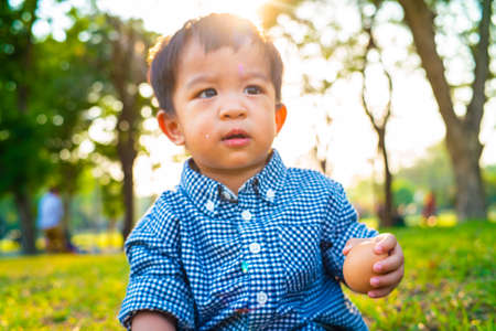 Adorable child boy sitting inder tree playing toy in summer park sunset light