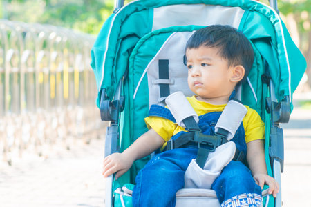 Little boy sitting in stroller travel in city park morning lightの写真素材