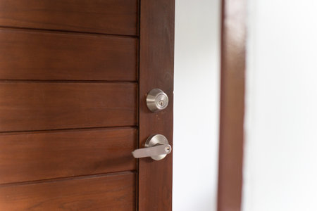 Wooden teak door in modern white room home living