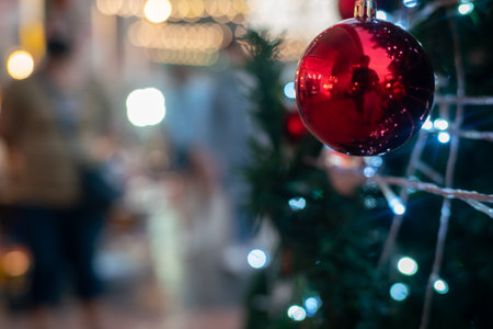 Christmas tree decoration with ball and gift boxes, New Year holiday backgroundの写真素材