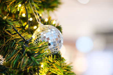 Christmas ball tree with blurred bokeh abstract background copy space merry Xmas Happy new yearの写真素材