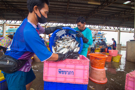 Samut Sakhon, Thailand-November 7, 2020: People buying fresh seafood at Mahachai Market while wearing a face mask to protect from covid-19 pandemic in Samutsakhon, Thailand.のeditorial素材