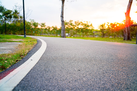 Asphalt walk and running pathway in green city park sunset nature recreationの写真素材