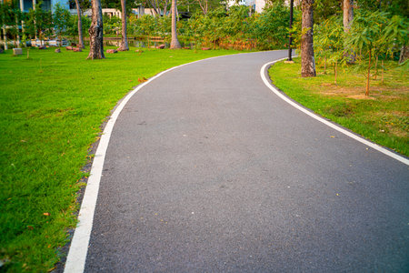 Asphalt walk and running pathway in green city park sunset nature recreation