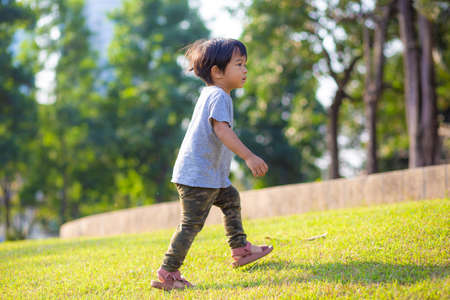 Little asian boy playing outdoor kid having fun enjoy walking on green grass of playground in the parkの写真素材