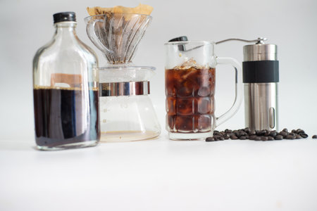 Coffee drip cold brew with coffee equipment home made on white backgroundの写真素材