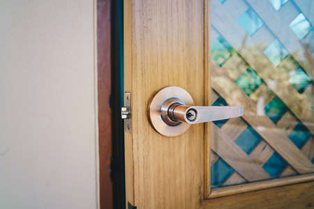 Wooden brown teak with glass door lumber home decorationの写真素材