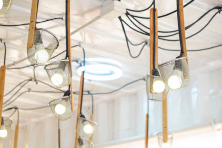Bundle of art vintage lamp decorate in ceiling of cafe