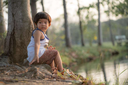 Happy facial face boy playing in tree park sunset light Boy in natureの写真素材