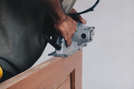Wood working of teak wood door inside modern new house, Handcraft hobbの写真素材