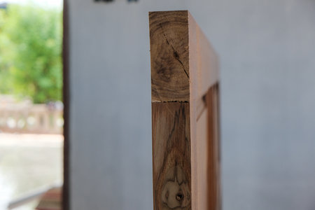 Wood working of teak wood door inside modern new house, Handcraft hobbの写真素材