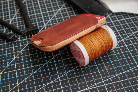 Leather money card wallet craftmanship working with leather tool on board genuine leather