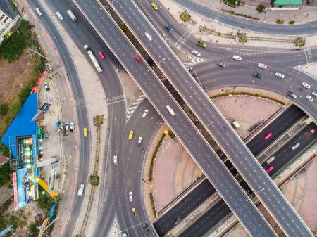 Aerial view circular junction road with car vehicle transport industryの写真素材