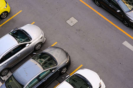 Aerial view colorful various car parking lot in condominium