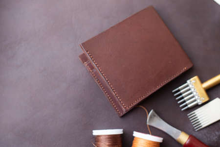 Genuine leather bifold money wallet with crafts tool craftmanship working