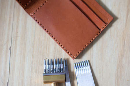 Genuine leather bifold money wallet with crafts tool craftmanship working