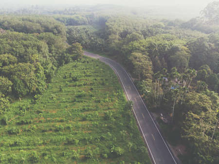 Aeria view rural transport asphalt road in tropical rain forest transport in natureの写真素材