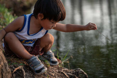 Asian boy sitting under tree sunset time lookimg to the river summer recreation outdoor activityの写真素材