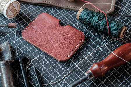 Genuine leather card wallet making with thread and craft tool craftmanship working