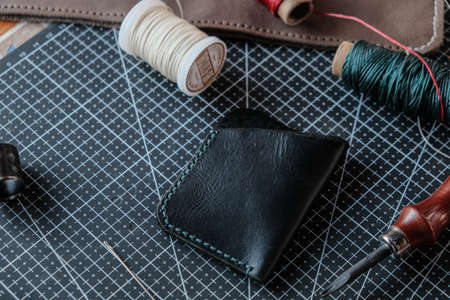 Genuine leather card wallet making with thread and craft tool craftmanship working