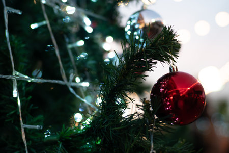 Christmas ball decorate on pine tree branch night scene happy new yearの写真素材