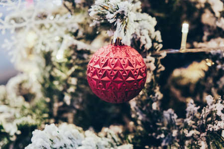Christmas ball on pine tree branch blurred background happy new yearの写真素材