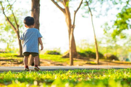 Boy walking on green grass in city park sunset light boy outdoor activityの写真素材
